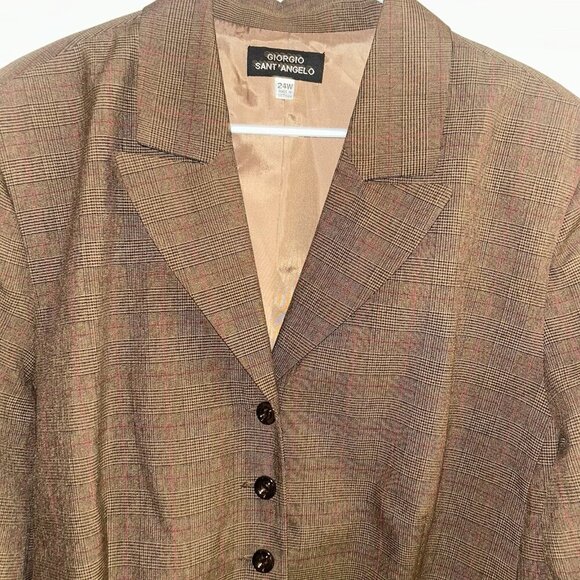 Vintage Giorgio Sant Angelo Brown Plaid Pleated Blazer Skirt Set Women’s 24 W - Picture 3 of 12